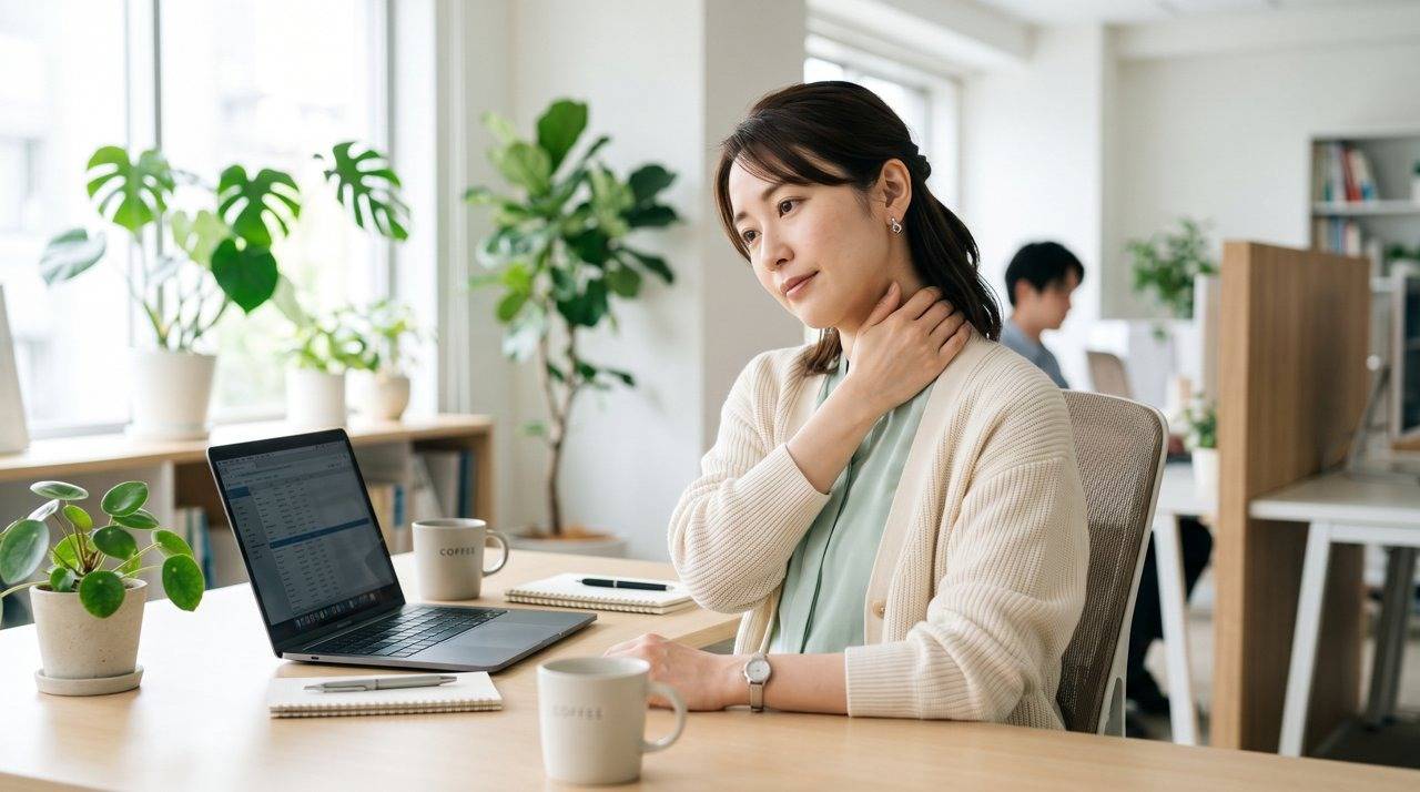 デスクワークで首や肩のこりを感じる女性（イメージ）