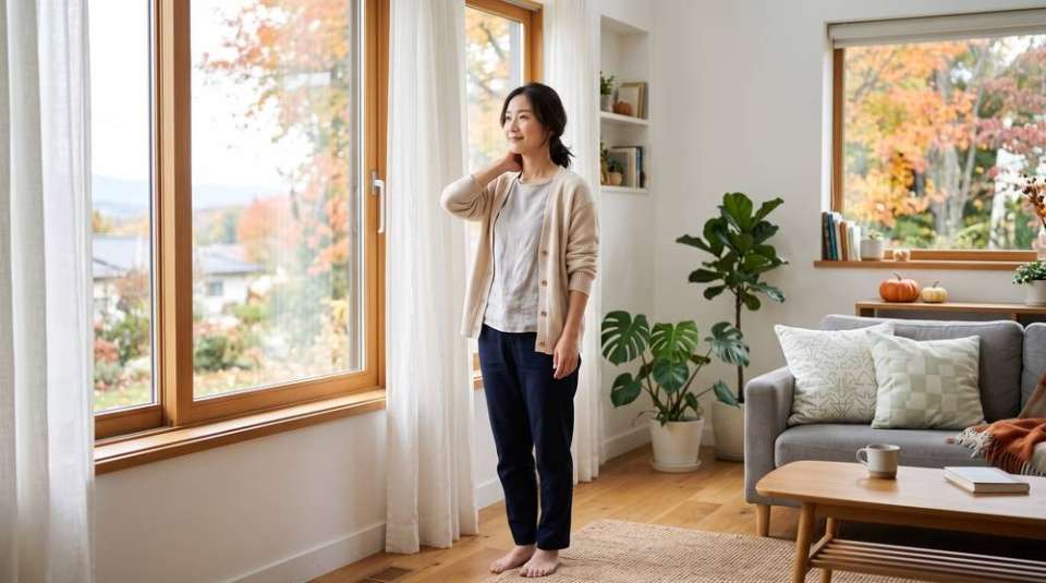季節の変わり目に体のだるさや肩のこりを感じる女性(イメージ)