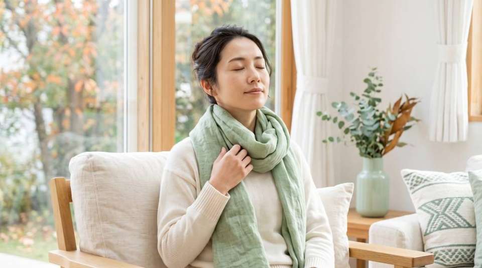 ストールを巻いて肩の力を抜く女性(イメージ)