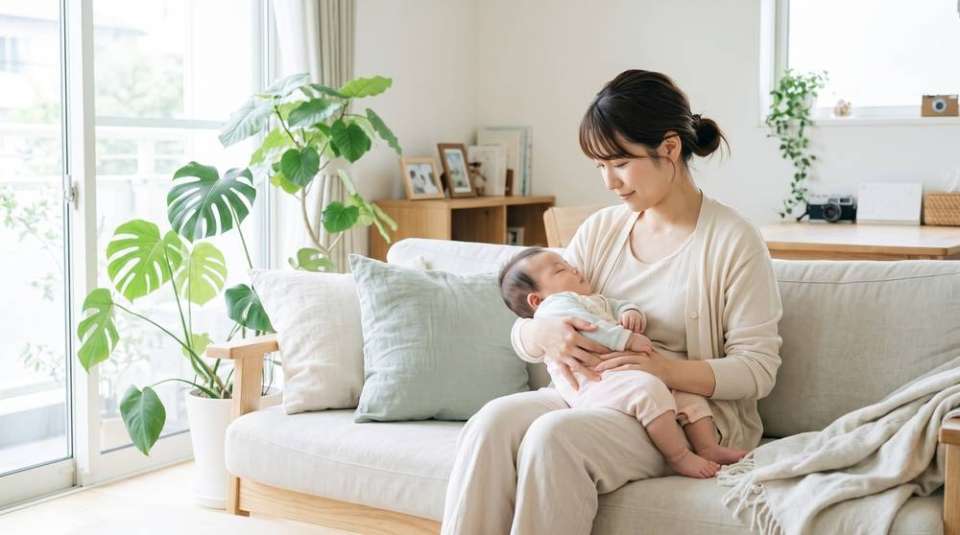 赤ちゃんを抱いて窓辺でくつろぐ産後の女性（イメージ）