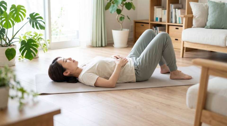床にあお向けになりゆっくり呼吸を整える女性（イメージ）