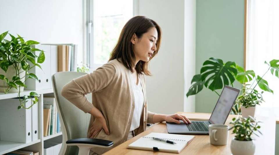 デスクワーク中に腰に手を当てる女性(イメージ)