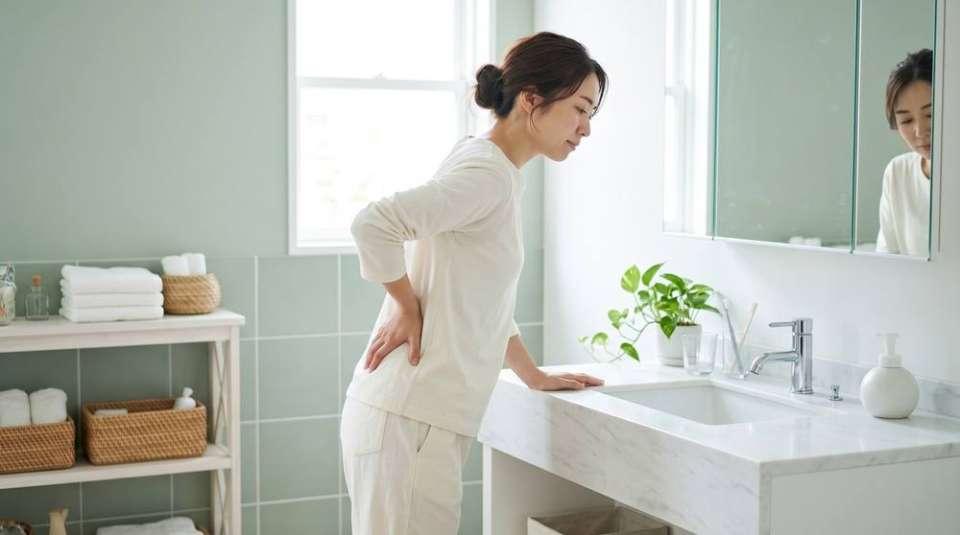 腰に手を当ててゆっくり体を起こそうとする女性(イメージ)