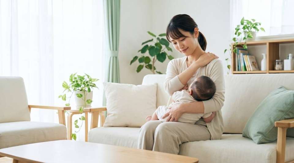赤ちゃんを抱っこしながら肩に手を当てる女性（イメージ）