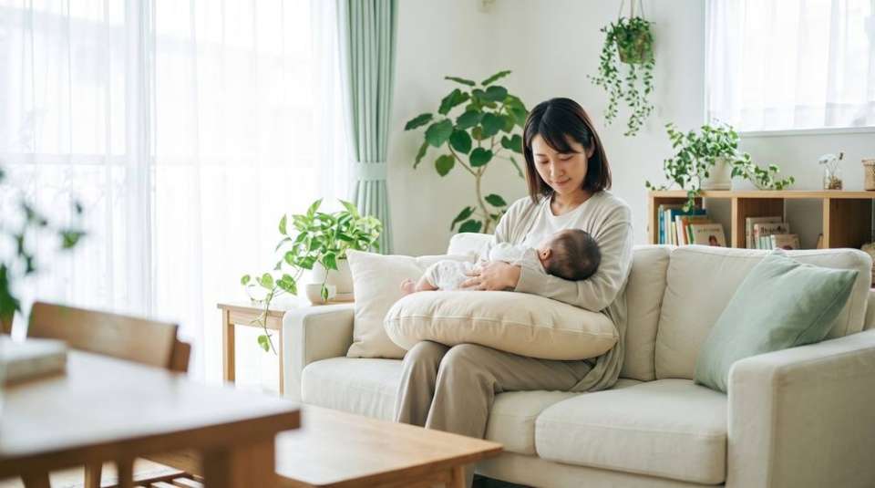 クッションを使い、背すじを伸ばして赤ちゃんを抱く女性（イメージ）