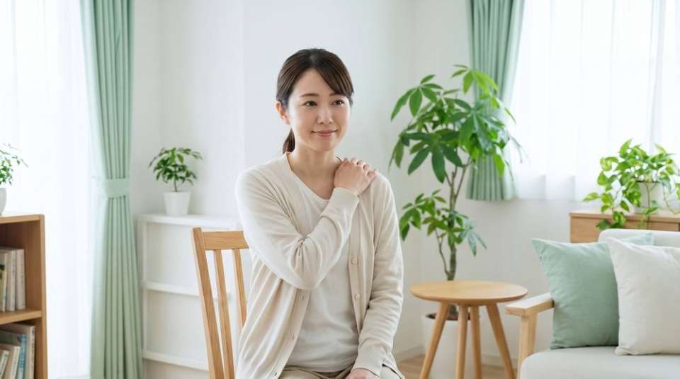 肩に手を当てて穏やかに微笑む女性(イメージ)