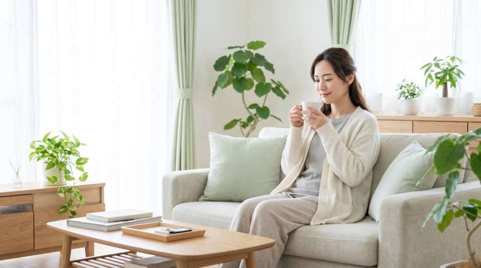 白湯を飲みながらゆっくり休む女性(イメージ)