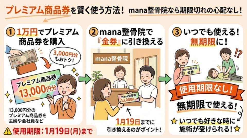 プレミアム商品券をmana整骨院の金券に引き換える流れのイラスト