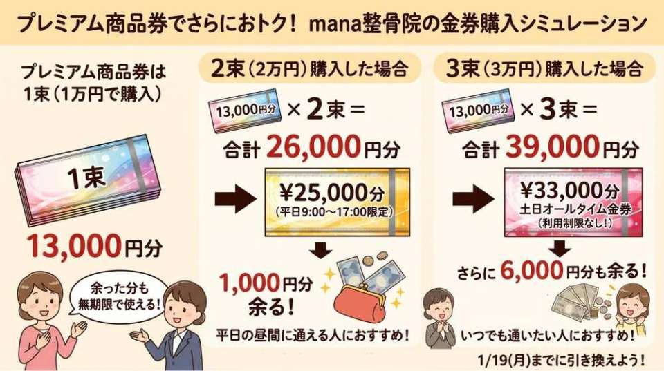 プレミアム商品券2束・3束で金券に引き換えた場合のシミュレーションのイラスト