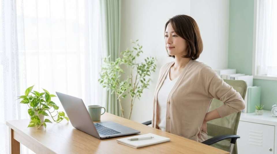 デスクの椅子で背すじを伸ばす女性（イメージ）