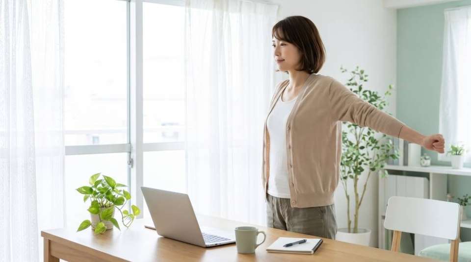 窓辺で腕を後ろへ伸ばして胸を開く女性（イメージ）