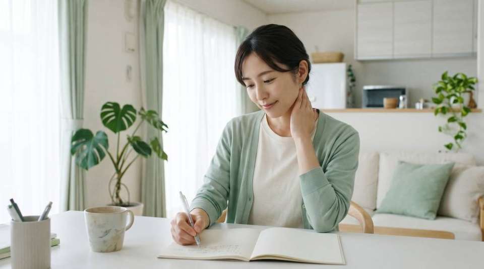 自宅のテーブルで体の様子をノートにメモする女性(イメージ)